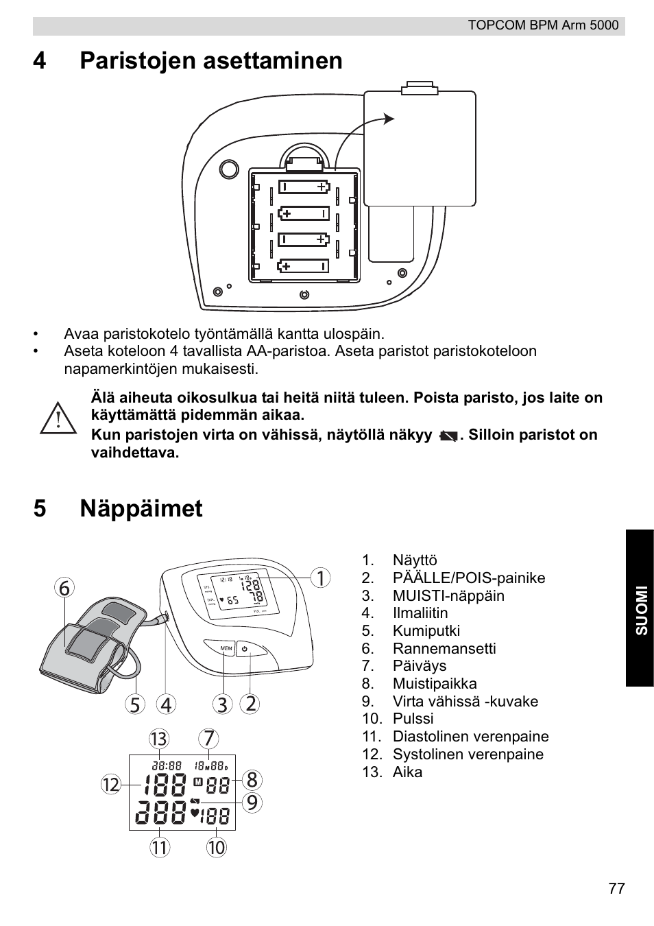 4paristojen asettaminen, 5näppäimet | Topcom BPM ARM 5000 User Manual | Page 77 / 160