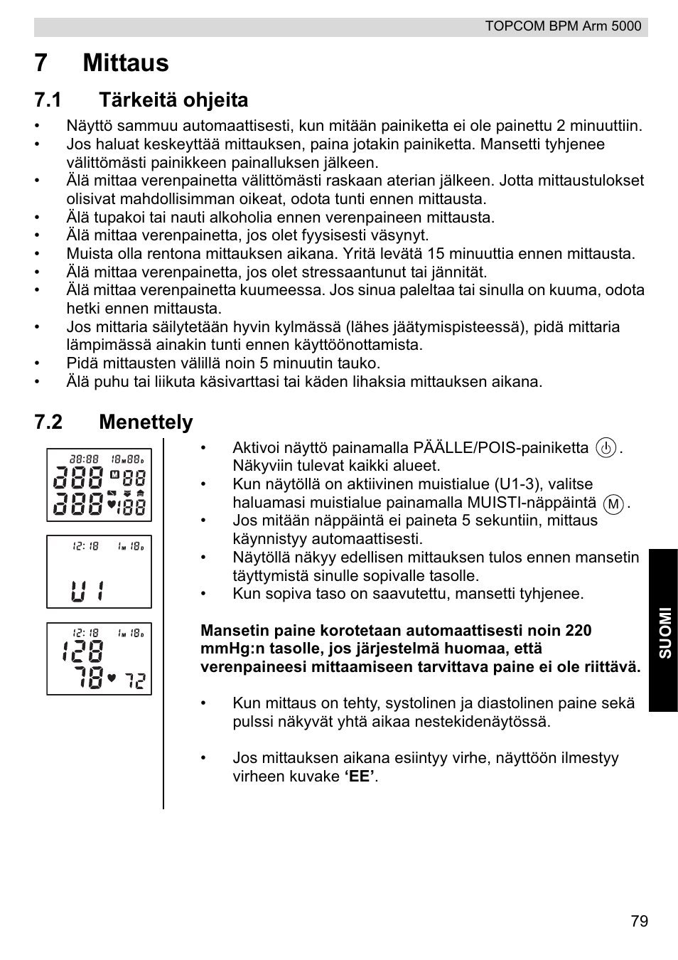 7mittaus, 1 tärkeitä ohjeita, 2 menettely | Topcom BPM ARM 5000 User Manual | Page 79 / 160