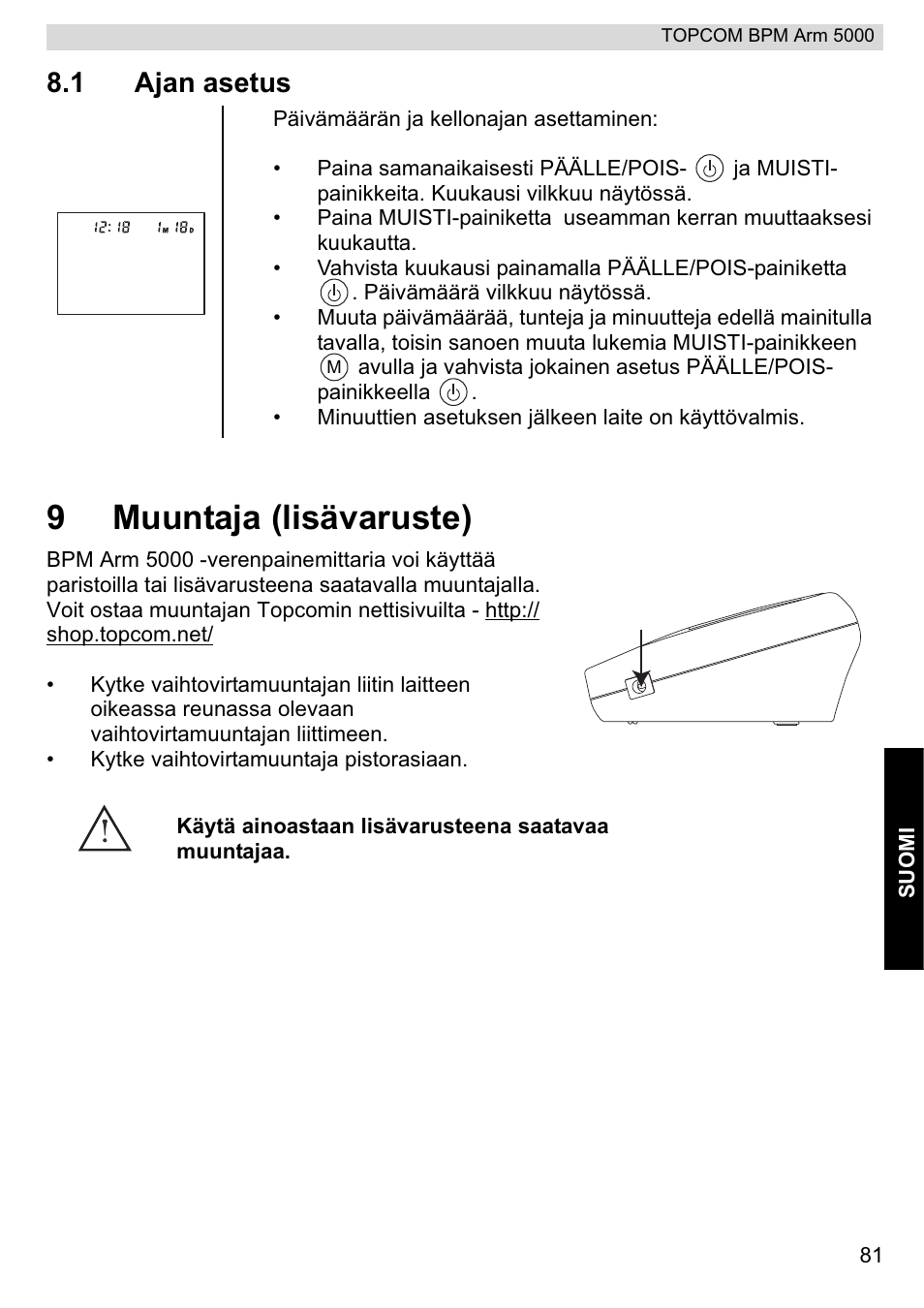 9muuntaja (lisävaruste), 1 ajan asetus | Topcom BPM ARM 5000 User Manual | Page 81 / 160