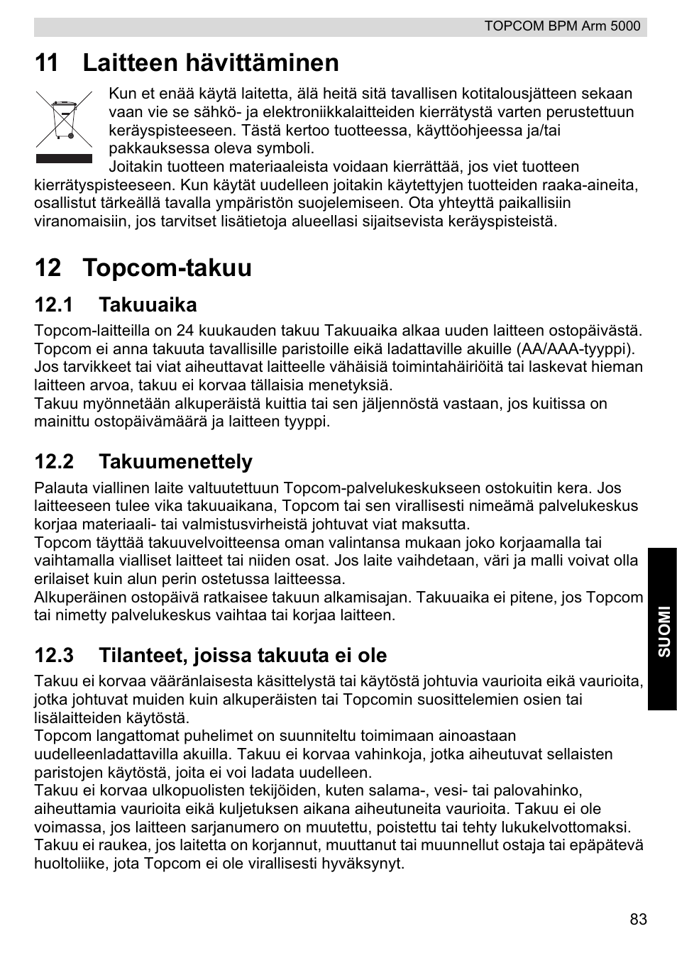 11 laitteen hävittäminen, 12 topcom-takuu | Topcom BPM ARM 5000 User Manual | Page 83 / 160