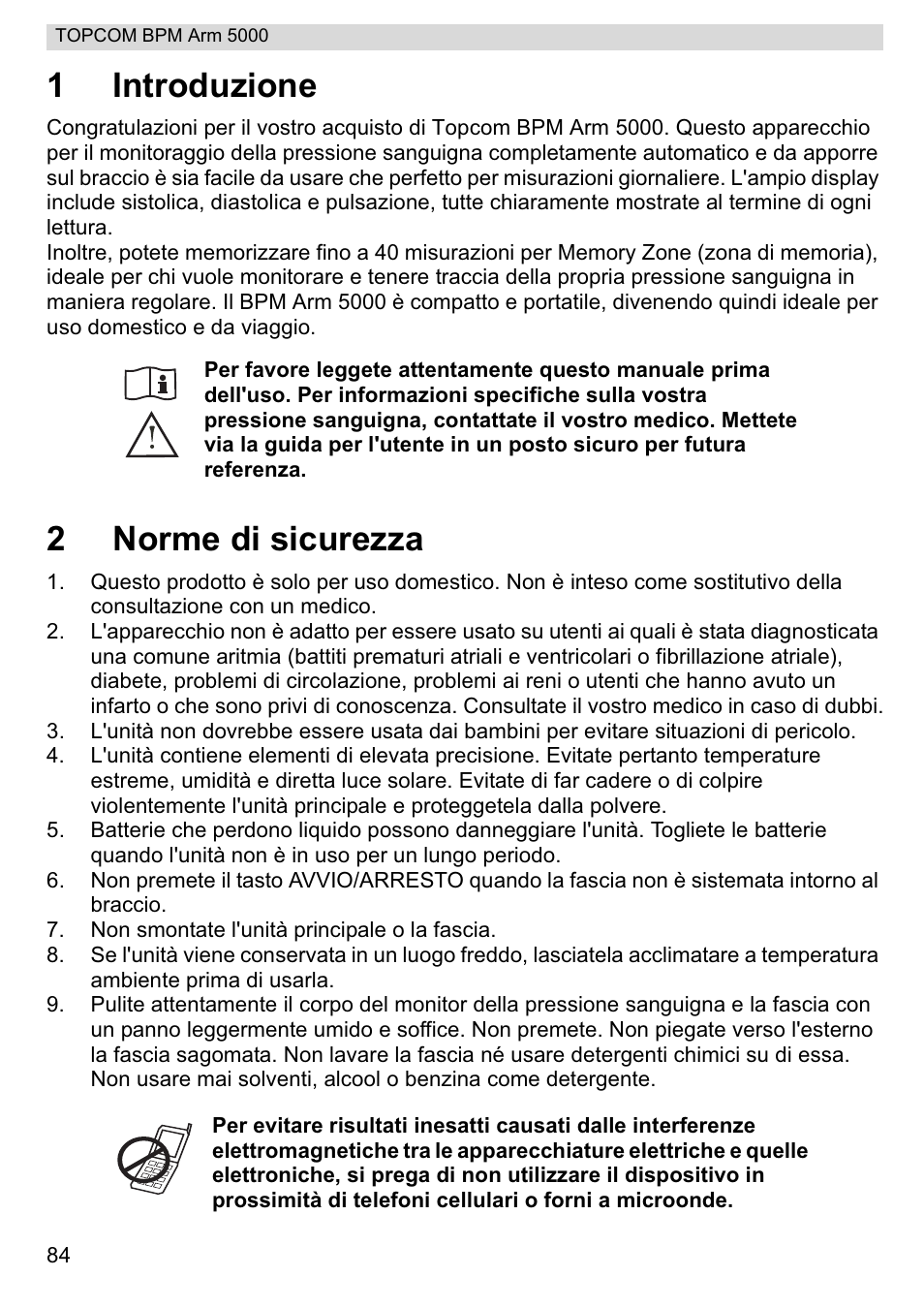 1introduzione, 2norme di sicurezza | Topcom BPM ARM 5000 User Manual | Page 84 / 160