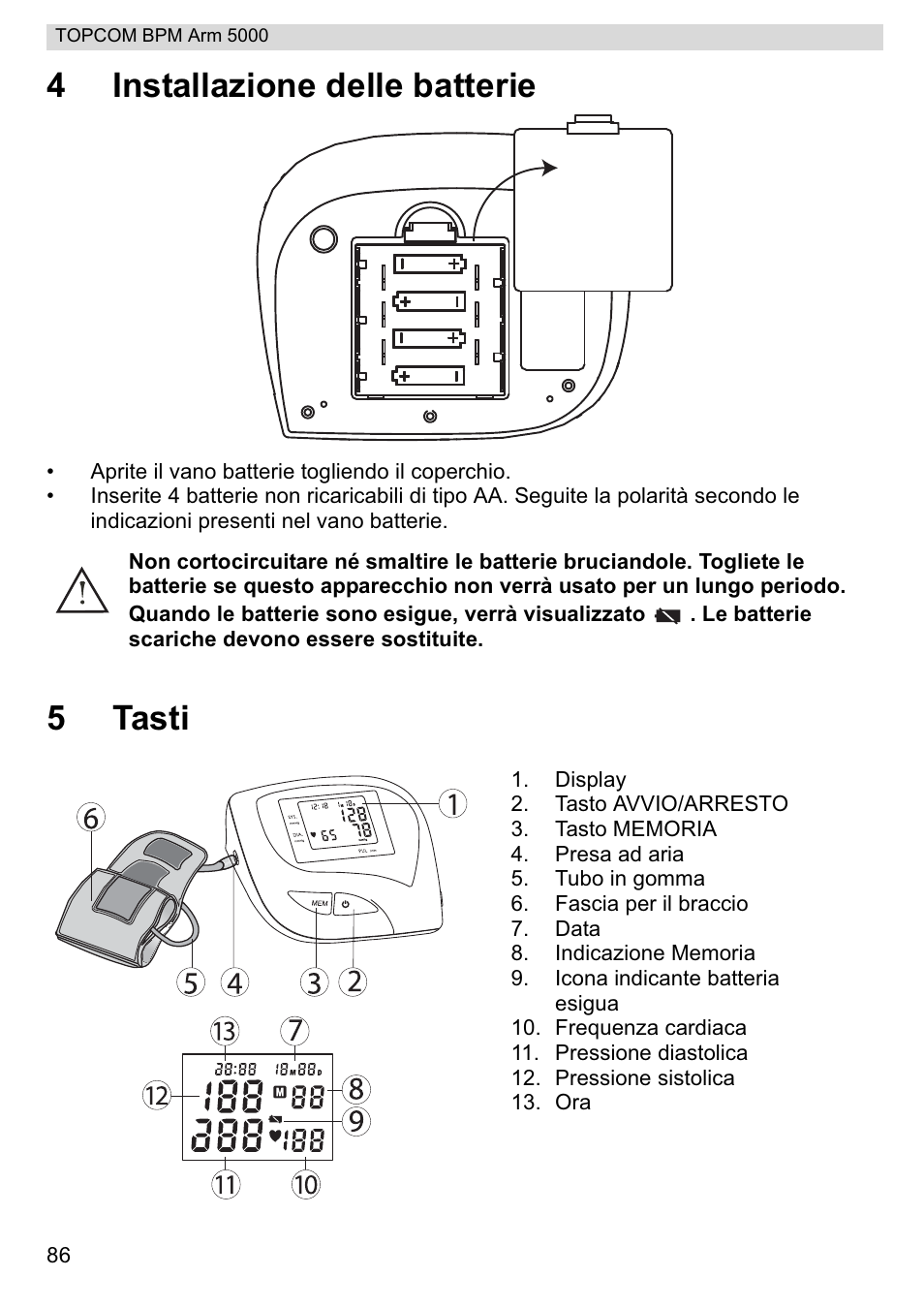 4installazione delle batterie, 5tasti | Topcom BPM ARM 5000 User Manual | Page 86 / 160