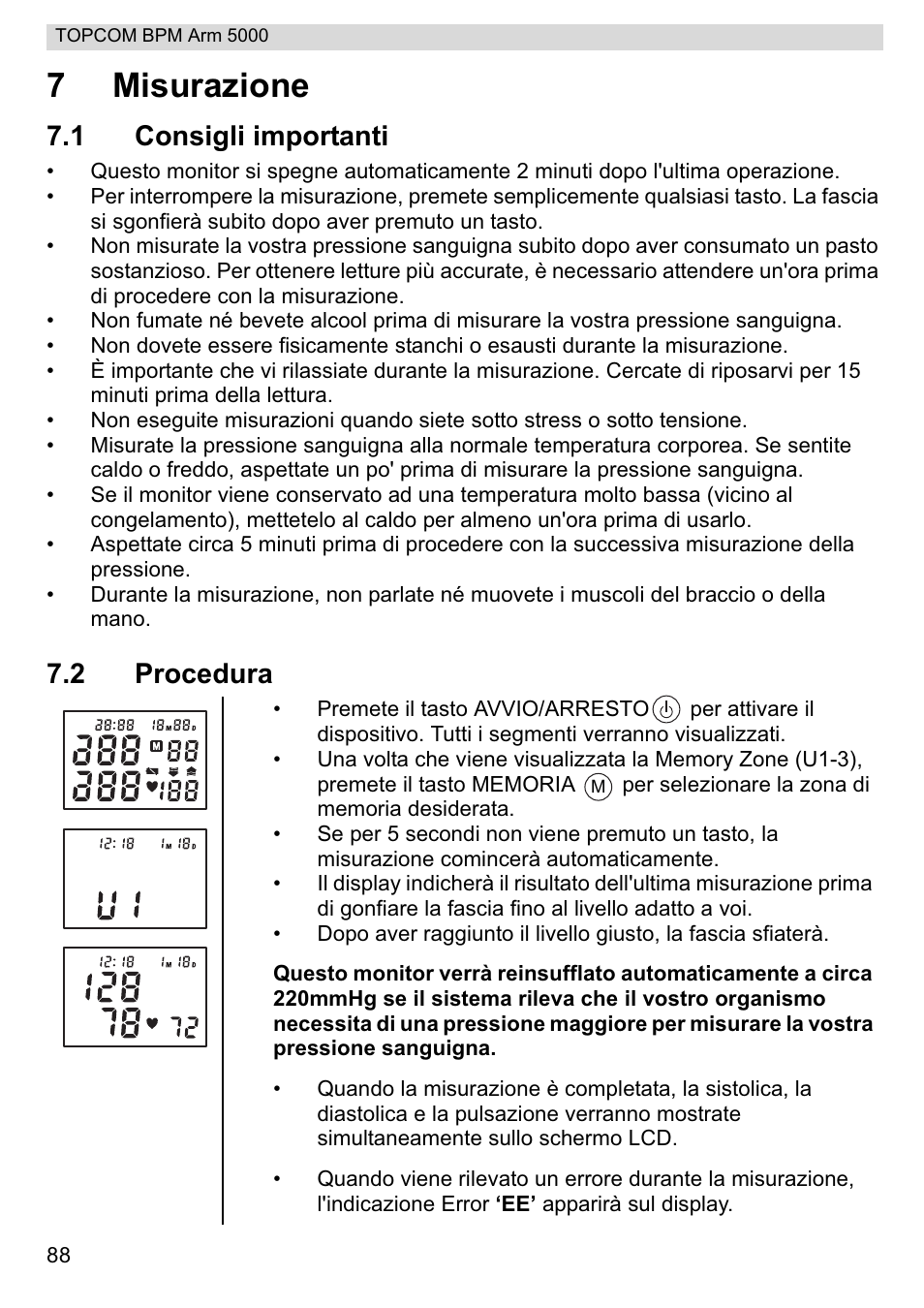 7misurazione, 1 consigli importanti, 2 procedura | Topcom BPM ARM 5000 User Manual | Page 88 / 160