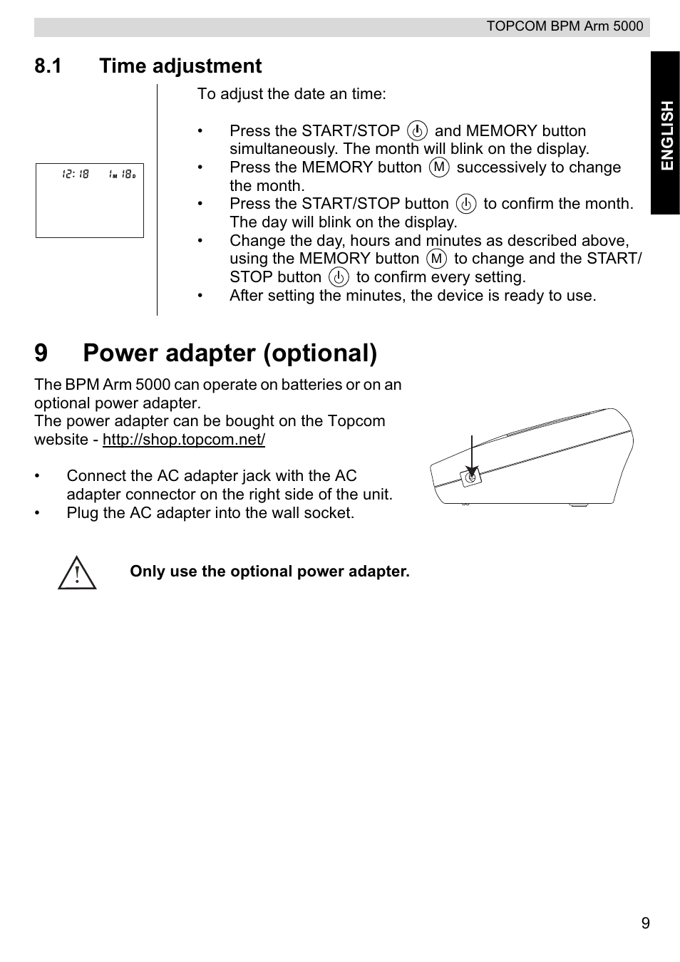 9power adapter (optional), 1 time adjustment | Topcom BPM ARM 5000 User Manual | Page 9 / 160