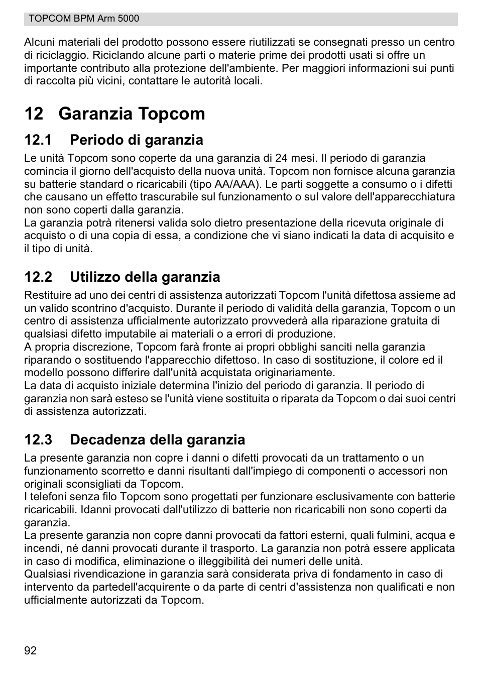 12 garanzia topcom | Topcom BPM ARM 5000 User Manual | Page 92 / 160