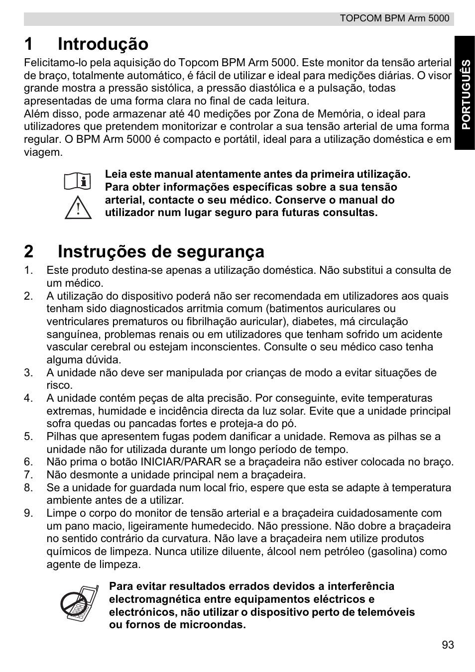 1introdução, 2instruções de segurança | Topcom BPM ARM 5000 User Manual | Page 93 / 160