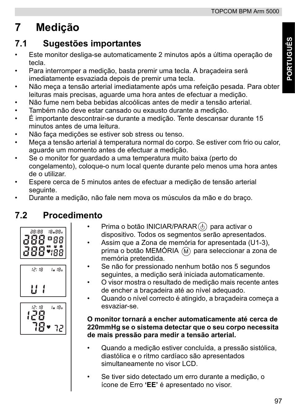 7medição, 1 sugestões importantes, 2 procedimento | Topcom BPM ARM 5000 User Manual | Page 97 / 160