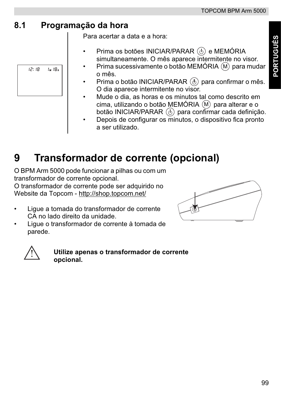 9transformador de corrente (opcional), 1 programação da hora | Topcom BPM ARM 5000 User Manual | Page 99 / 160