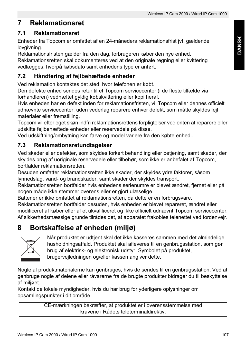 7reklamationsret, 8bortskaffelse af enheden (miljø) | Topcom HBM 1000 User Manual | Page 107 / 168