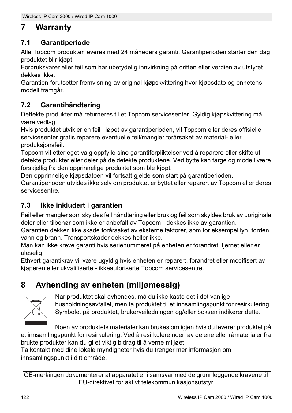 7warranty, 8avhending av enheten (miljømessig) | Topcom HBM 1000 User Manual | Page 122 / 168