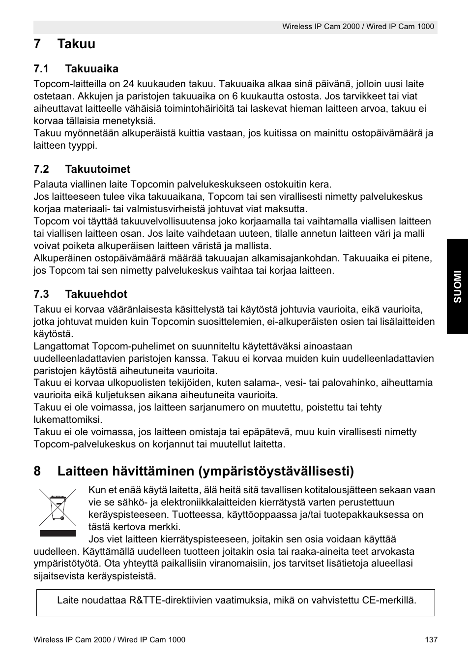 7takuu, 8laitteen hävittäminen (ympäristöystävällisesti) | Topcom HBM 1000 User Manual | Page 137 / 168