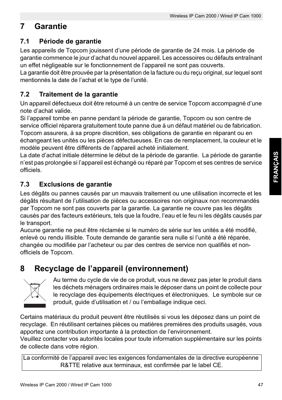 7garantie, 8recyclage de l’appareil (environnement) | Topcom HBM 1000 User Manual | Page 47 / 168