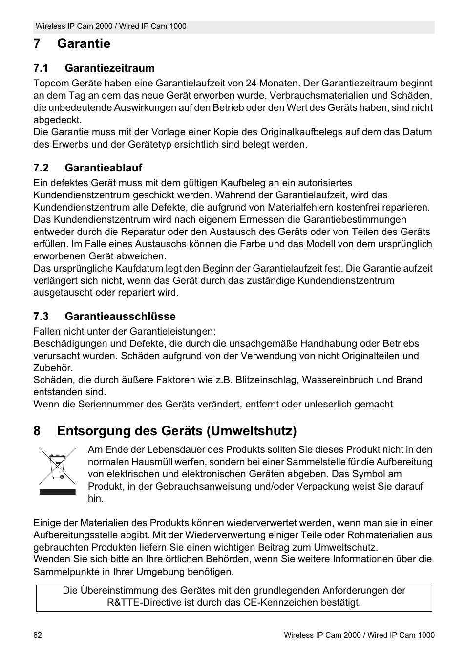 7garantie, 8entsorgung des geräts (umweltshutz) | Topcom HBM 1000 User Manual | Page 62 / 168