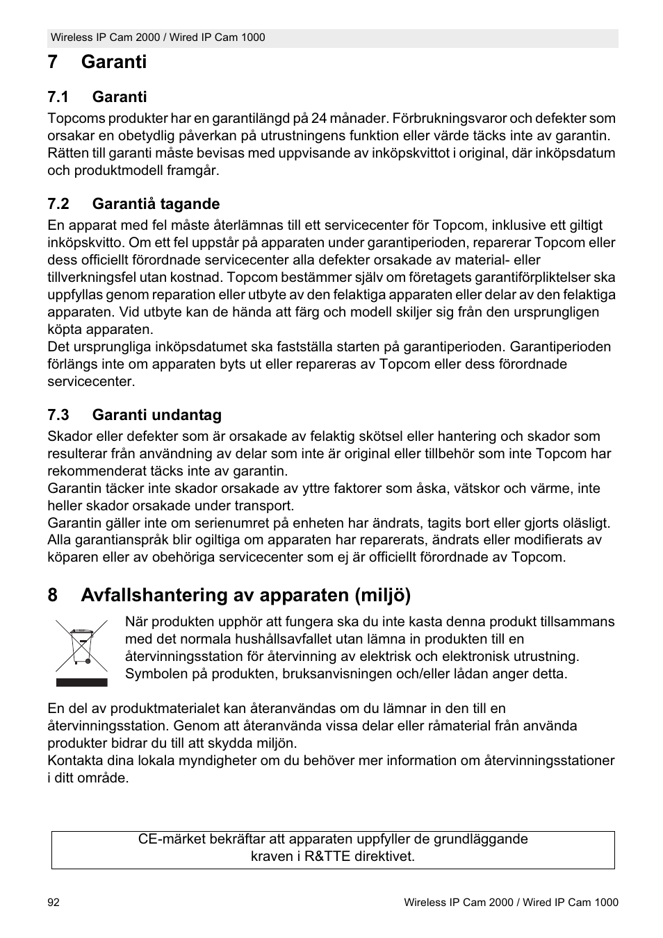 7garanti, 8avfallshantering av apparaten (miljö) | Topcom HBM 1000 User Manual | Page 92 / 168
