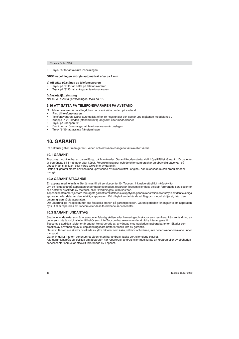 Garanti | Topcom BUTLER 2950 User Manual | Page 16 / 80