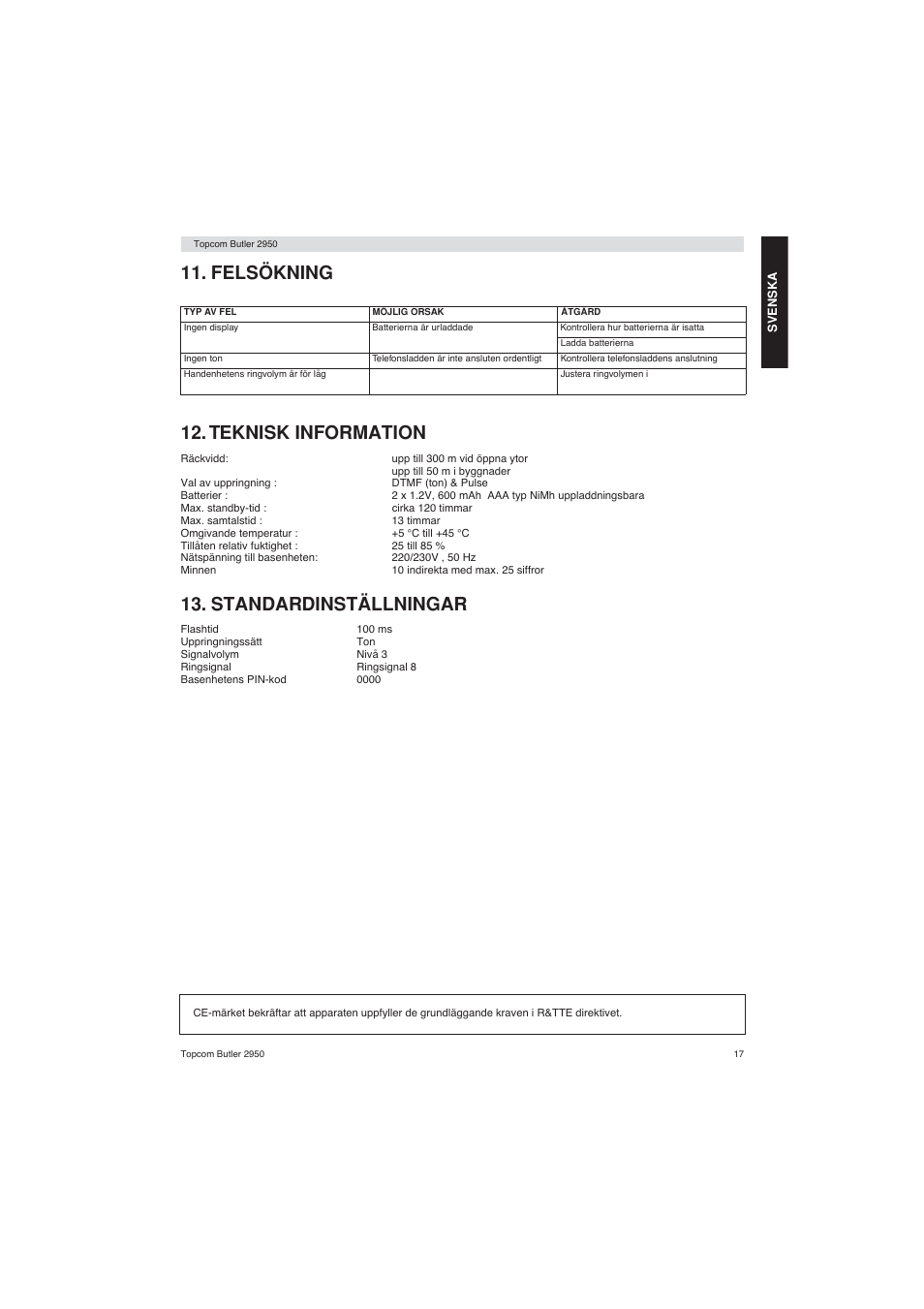 Felsökning 12. teknisk information, Standardinställningar | Topcom BUTLER 2950 User Manual | Page 17 / 80