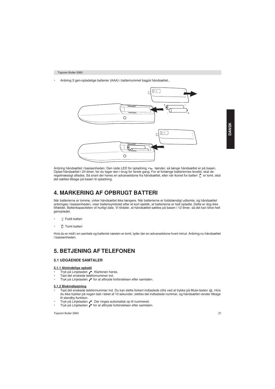 Markering af opbrugt batteri, Betjening af telefonen | Topcom BUTLER 2950 User Manual | Page 21 / 80