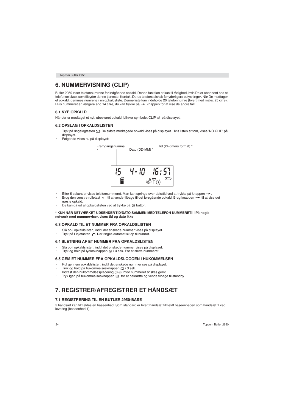 Nummervisning (clip), Registrer/afregistrer et håndsæt | Topcom BUTLER 2950 User Manual | Page 24 / 80