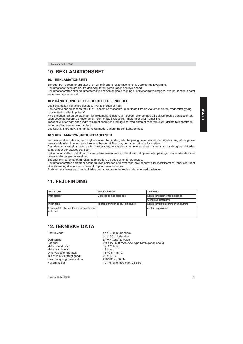 Reklamationsret, Fejlfinding 12. tekniske data | Topcom BUTLER 2950 User Manual | Page 31 / 80