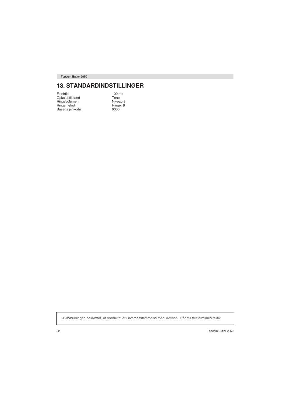 Standardindstillinger | Topcom BUTLER 2950 User Manual | Page 32 / 80