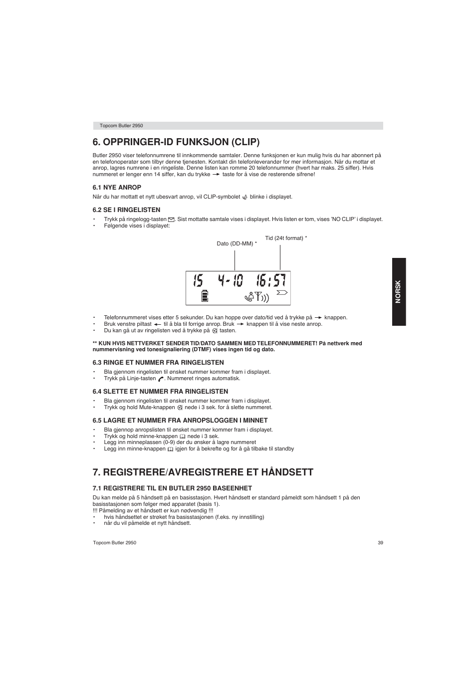 Oppringer-id funksjon (clip), Registrere/avregistrere et håndsett | Topcom BUTLER 2950 User Manual | Page 39 / 80