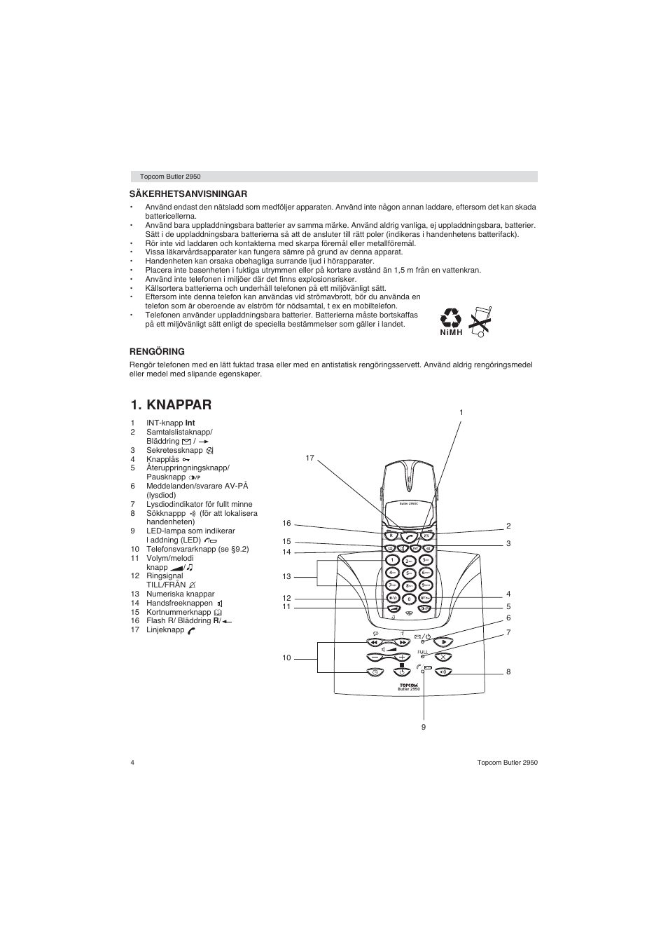 Knappar | Topcom BUTLER 2950 User Manual | Page 4 / 80