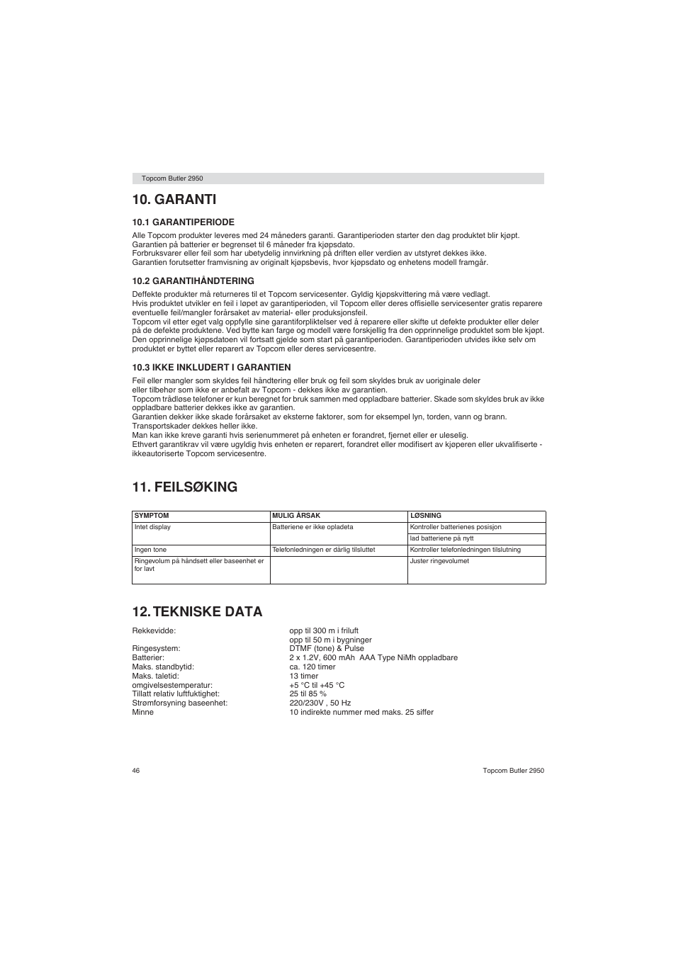 Garanti, Feilsøking 12. tekniske data | Topcom BUTLER 2950 User Manual | Page 46 / 80