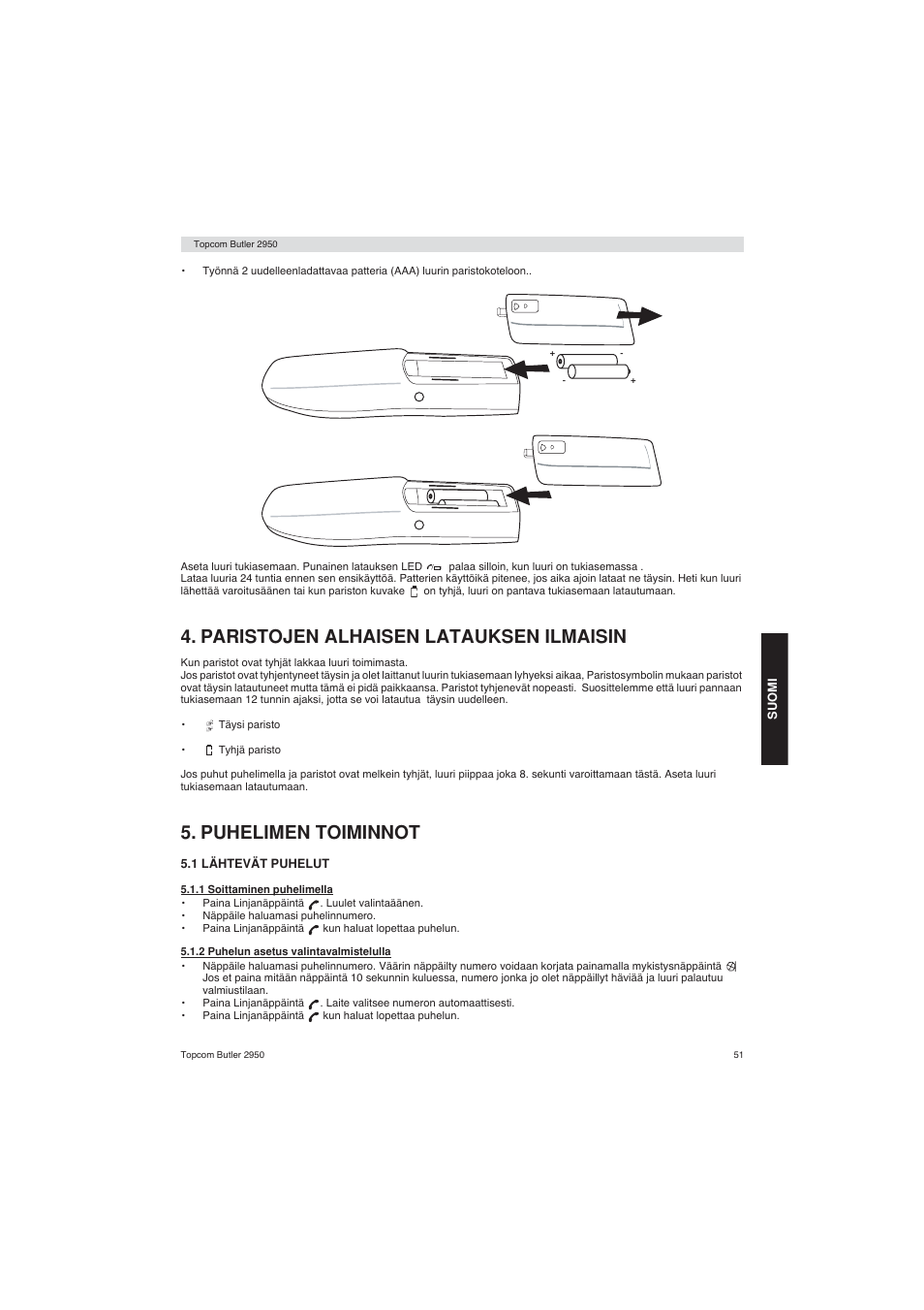 Paristojen alhaisen latauksen ilmaisin, Puhelimen toiminnot | Topcom BUTLER 2950 User Manual | Page 51 / 80