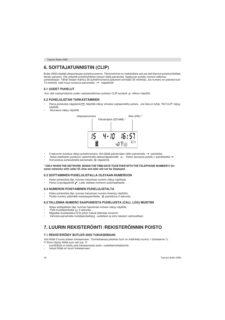 Soittajatunnistin (clip), Luurin rekisteröinti /rekisteröinnin poisto | Topcom BUTLER 2950 User Manual | Page 54 / 80