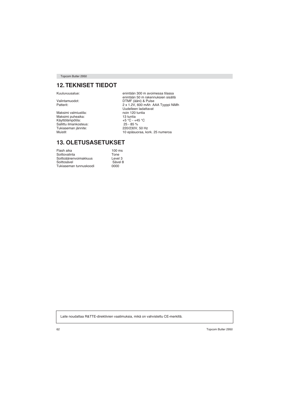 Tekniset tiedot, Oletusasetukset | Topcom BUTLER 2950 User Manual | Page 62 / 80