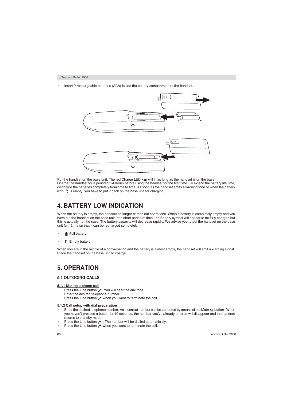 Battery low indication, Operation | Topcom BUTLER 2950 User Manual | Page 66 / 80