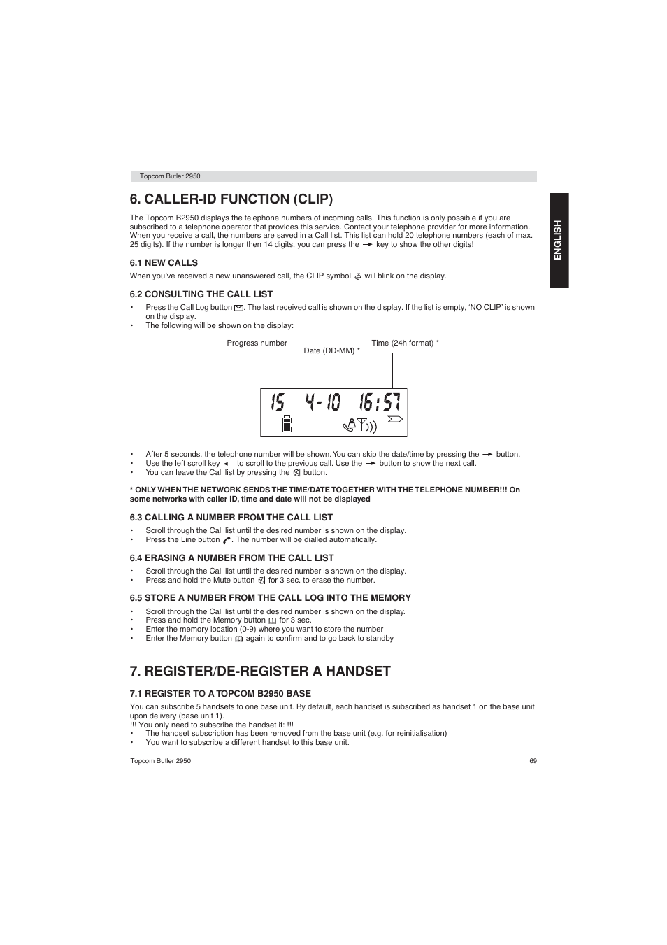 Caller-id function (clip), Register/de-register a handset | Topcom BUTLER 2950 User Manual | Page 69 / 80
