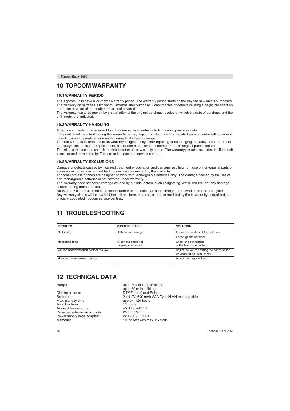 Topcom warranty, Troubleshooting 12. technical data | Topcom BUTLER 2950 User Manual | Page 76 / 80