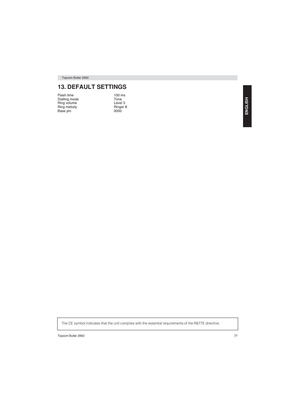 Default settings | Topcom BUTLER 2950 User Manual | Page 77 / 80