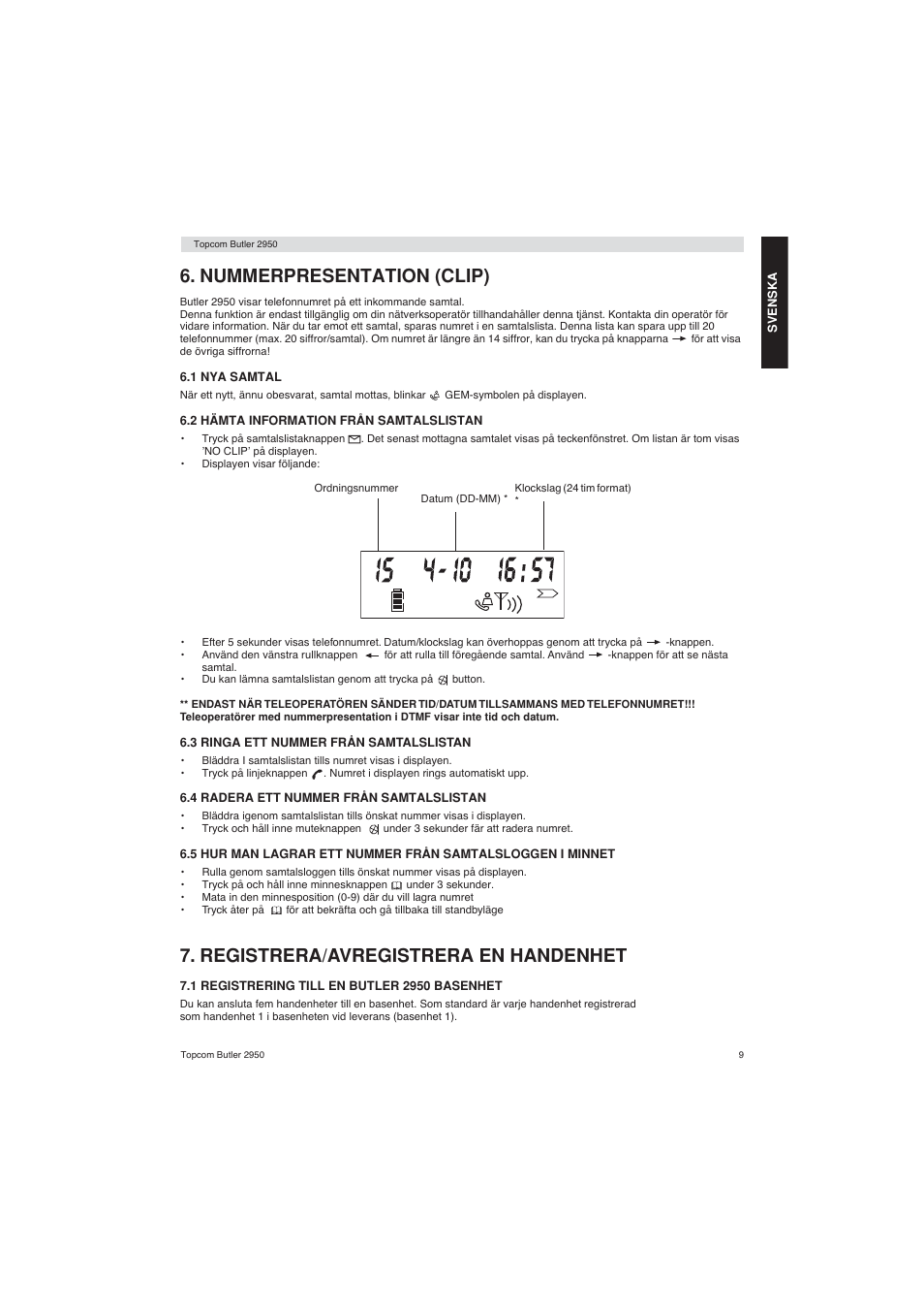 Nummerpresentation (clip), Registrera/avregistrera en handenhet | Topcom BUTLER 2950 User Manual | Page 9 / 80