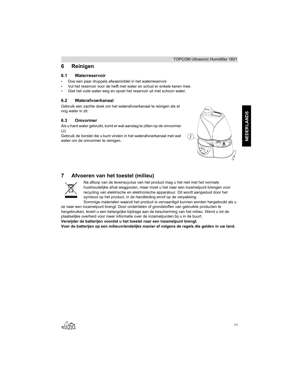 6reinigen, 7afvoeren van het toestel (milieu) | Topcom ULTRASONIC 1801 User Manual | Page 11 / 80