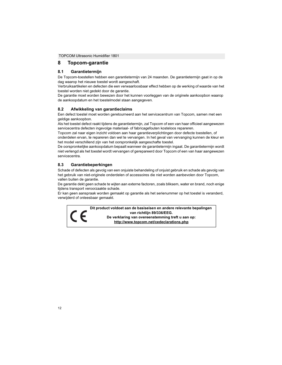 8topcom-garantie | Topcom ULTRASONIC 1801 User Manual | Page 12 / 80