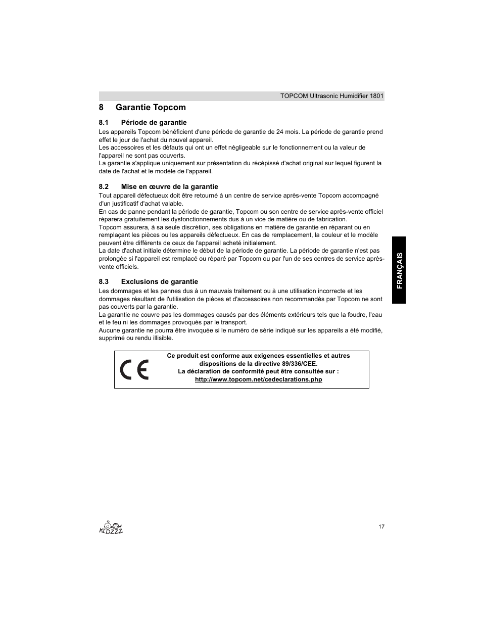 8garantie topcom | Topcom ULTRASONIC 1801 User Manual | Page 17 / 80