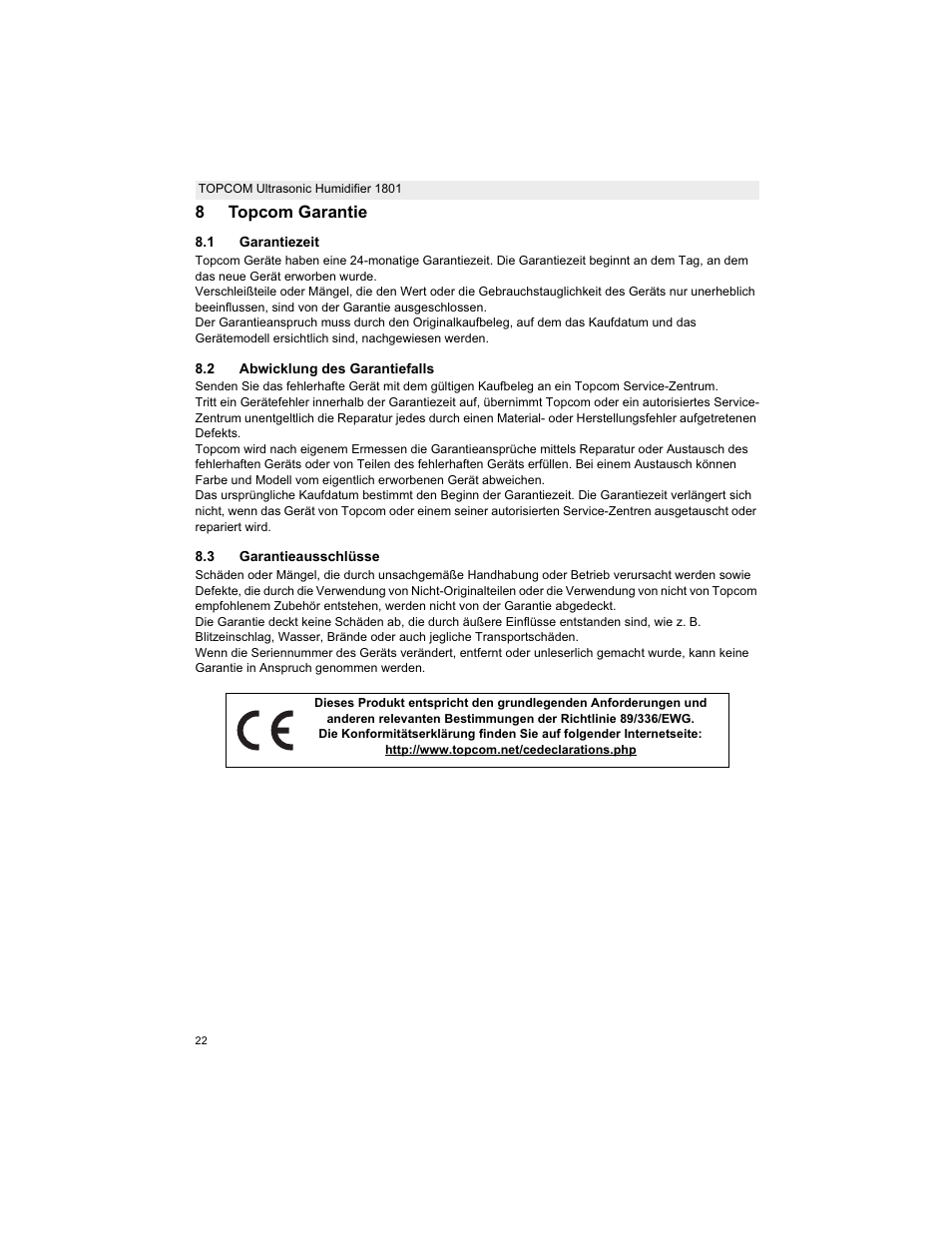 8topcom garantie | Topcom ULTRASONIC 1801 User Manual | Page 22 / 80