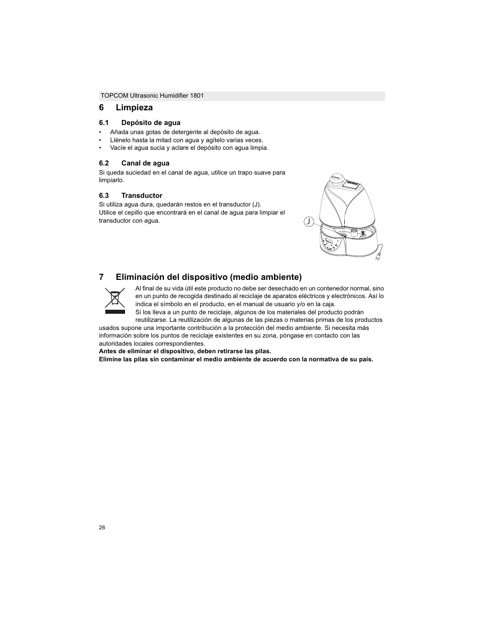6limpieza, 7eliminación del dispositivo (medio ambiente) | Topcom ULTRASONIC 1801 User Manual | Page 26 / 80