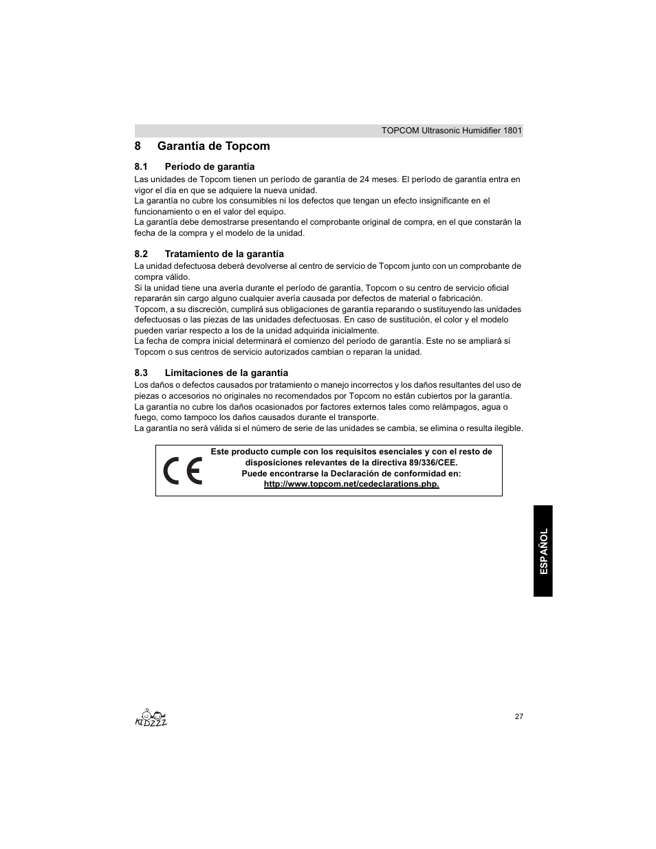 8garantía de topcom | Topcom ULTRASONIC 1801 User Manual | Page 27 / 80