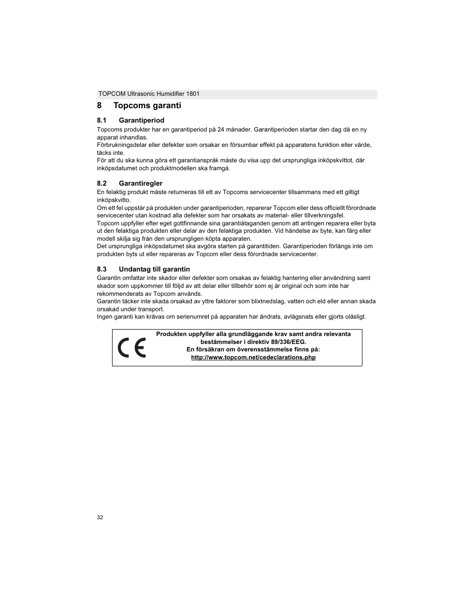 8topcoms garanti | Topcom ULTRASONIC 1801 User Manual | Page 32 / 80