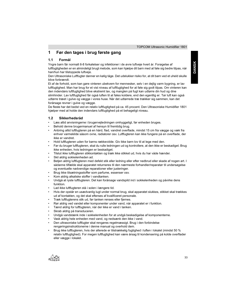 1før den tages i brug første gang | Topcom ULTRASONIC 1801 User Manual | Page 33 / 80