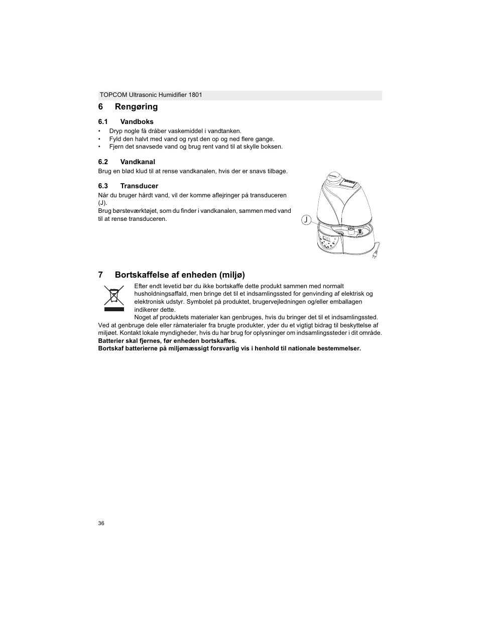 6rengøring, 7bortskaffelse af enheden (miljø) | Topcom ULTRASONIC 1801 User Manual | Page 36 / 80