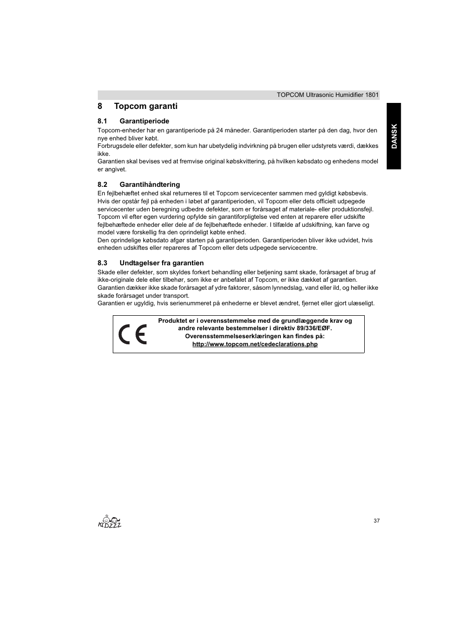 8topcom garanti | Topcom ULTRASONIC 1801 User Manual | Page 37 / 80