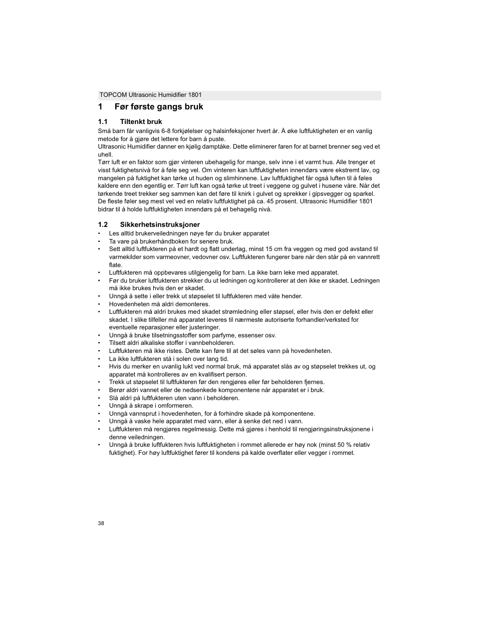 1før første gangs bruk | Topcom ULTRASONIC 1801 User Manual | Page 38 / 80