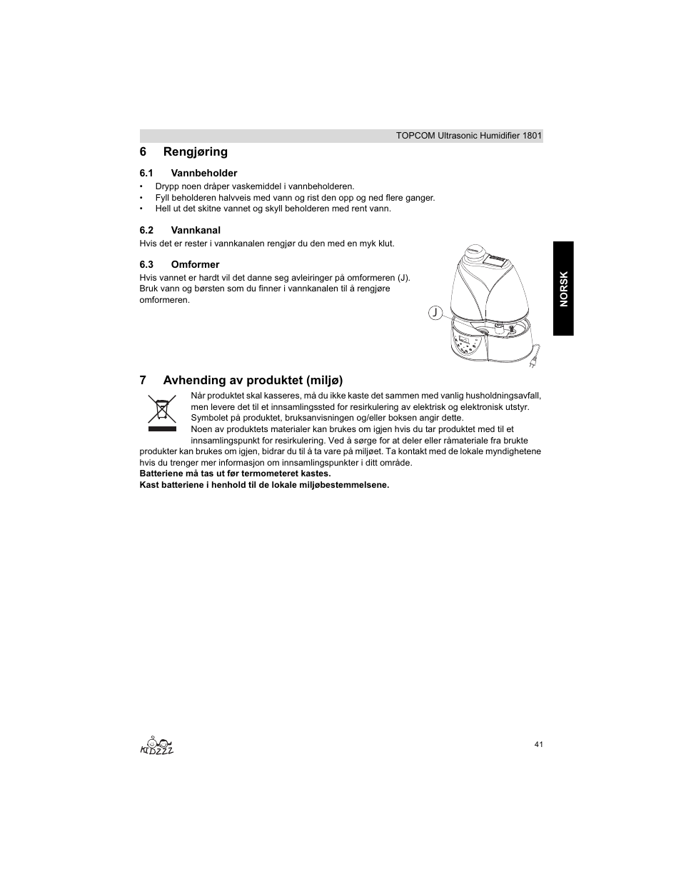 6rengjøring, 7avhending av produktet (miljø) | Topcom ULTRASONIC 1801 User Manual | Page 41 / 80