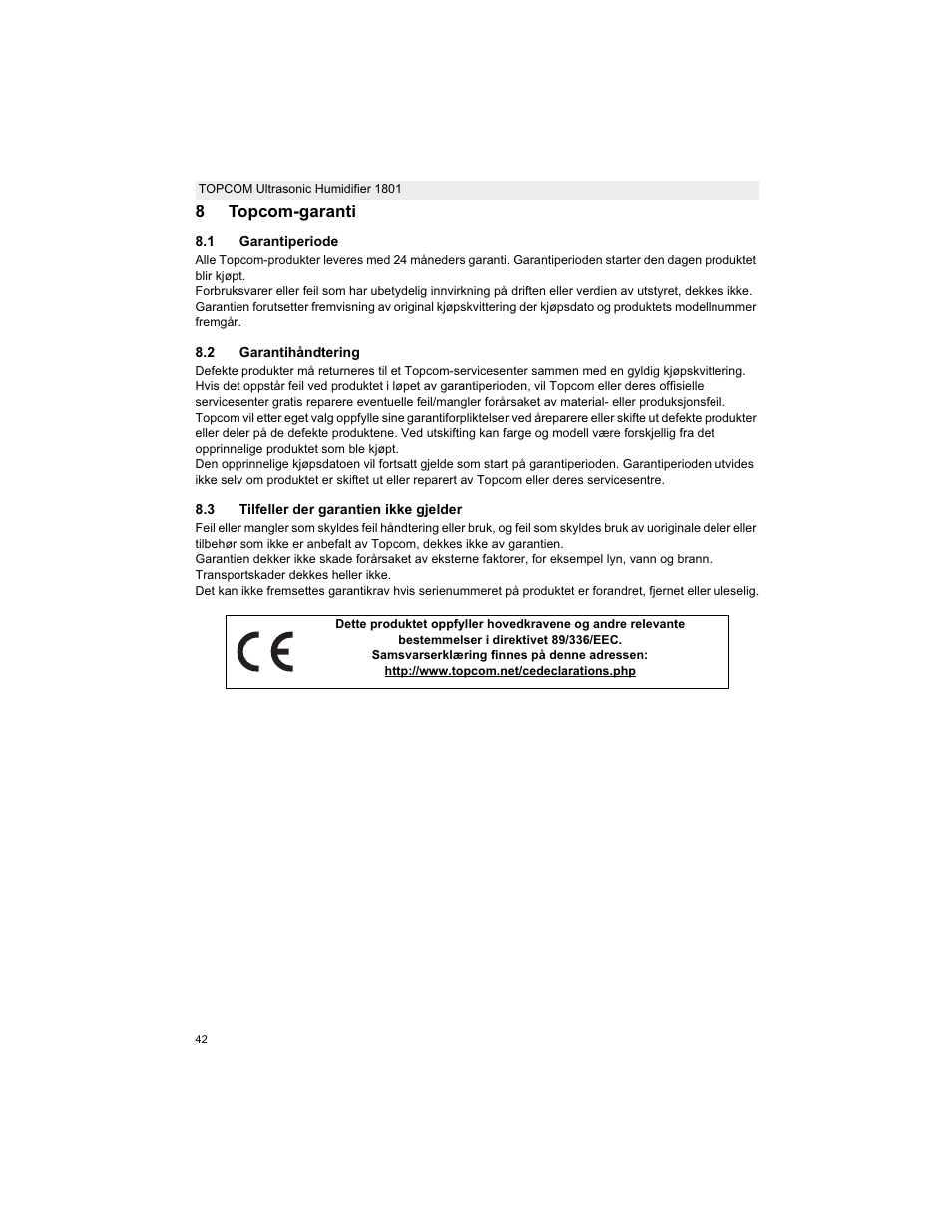8topcom-garanti | Topcom ULTRASONIC 1801 User Manual | Page 42 / 80
