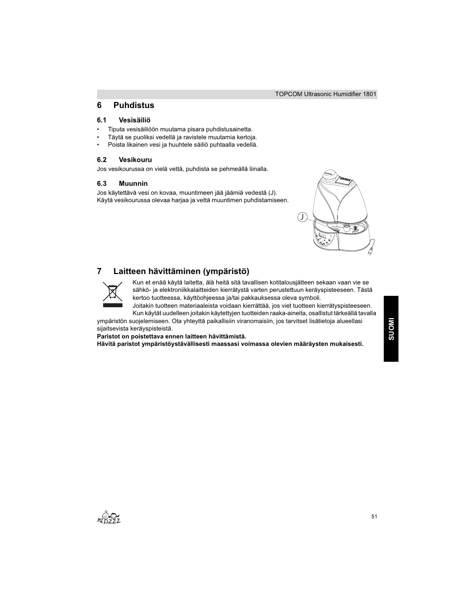 6puhdistus, 7laitteen hävittäminen (ympäristö) | Topcom ULTRASONIC 1801 User Manual | Page 51 / 80