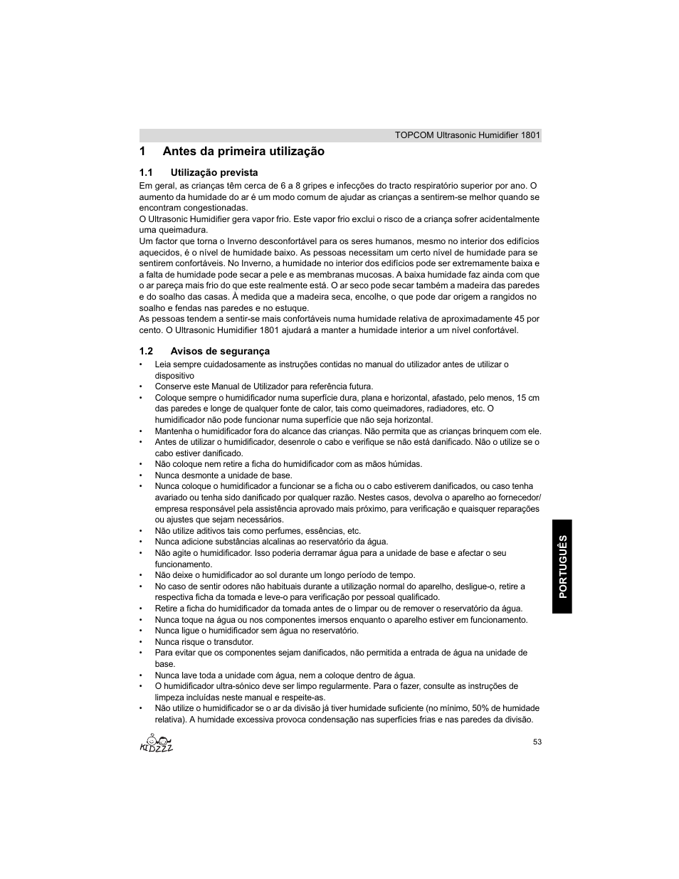 1antes da primeira utilização | Topcom ULTRASONIC 1801 User Manual | Page 53 / 80